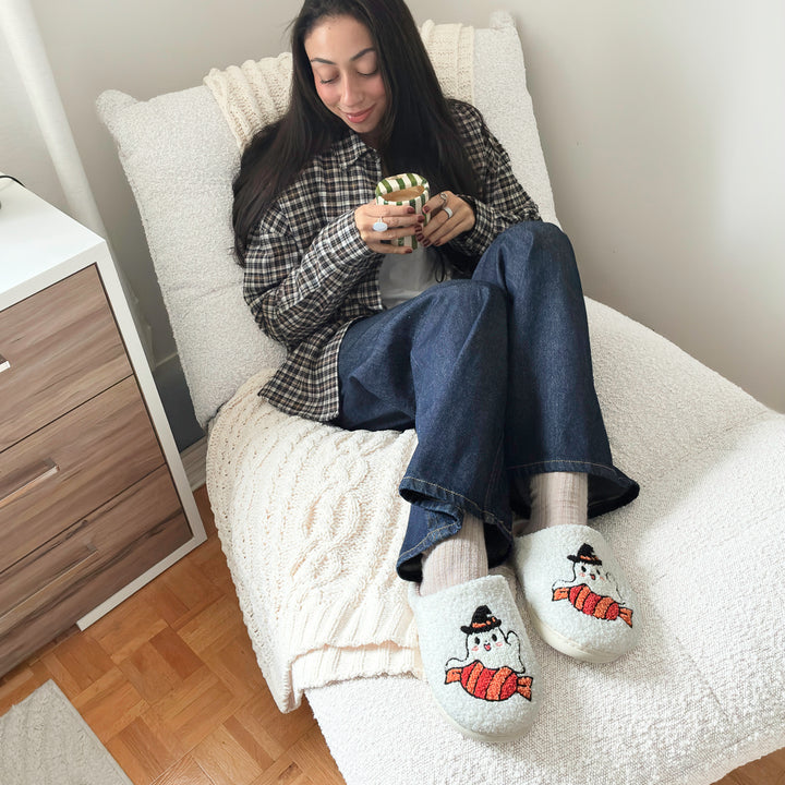 Cute Halloween slippers with spooky ghost artwork
