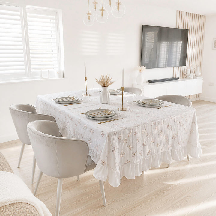 White dining tablecloth with dainty botanical flower pattern