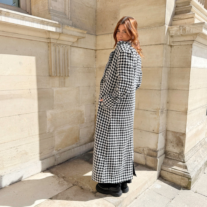 Classic black and white houndstooth long coat for women