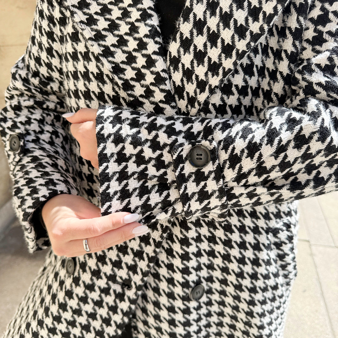 Full-length houndstooth pattern trench coat