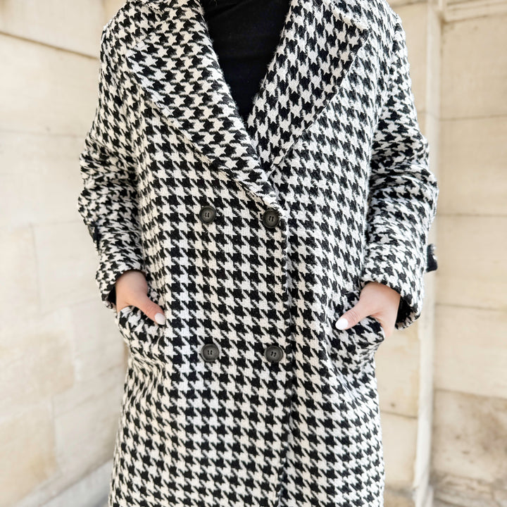 Black and white maxi coat in bold houndstooth check print