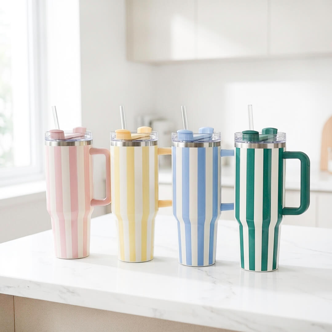 Striped 40oz insulated tumbler with handle