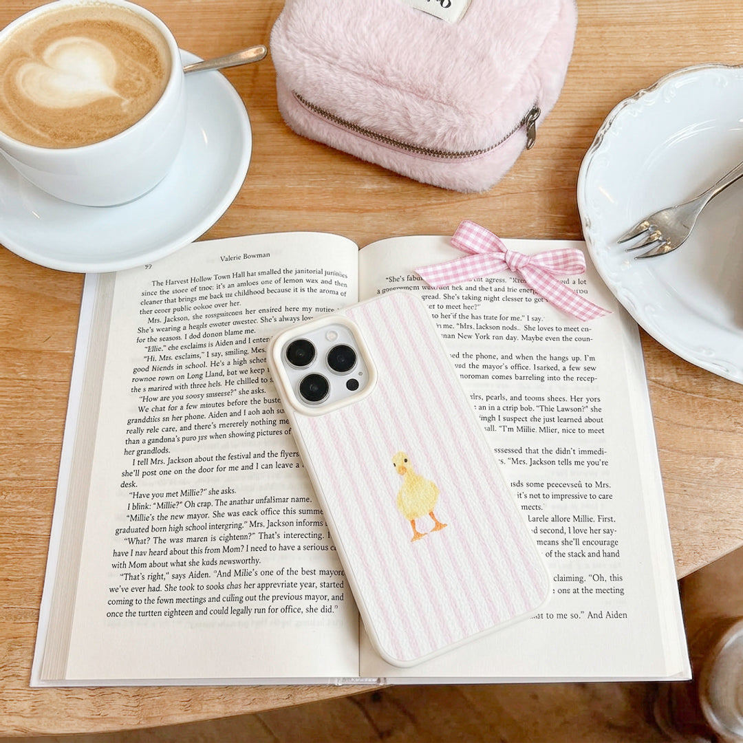 Pastel phone case with duck illustration and stripes