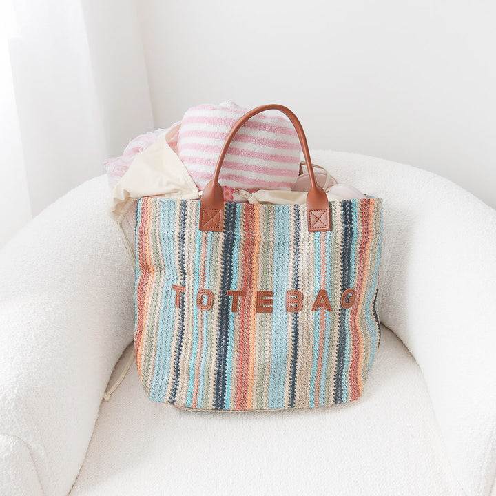 Large woven tote bag in soft multicolor stripes