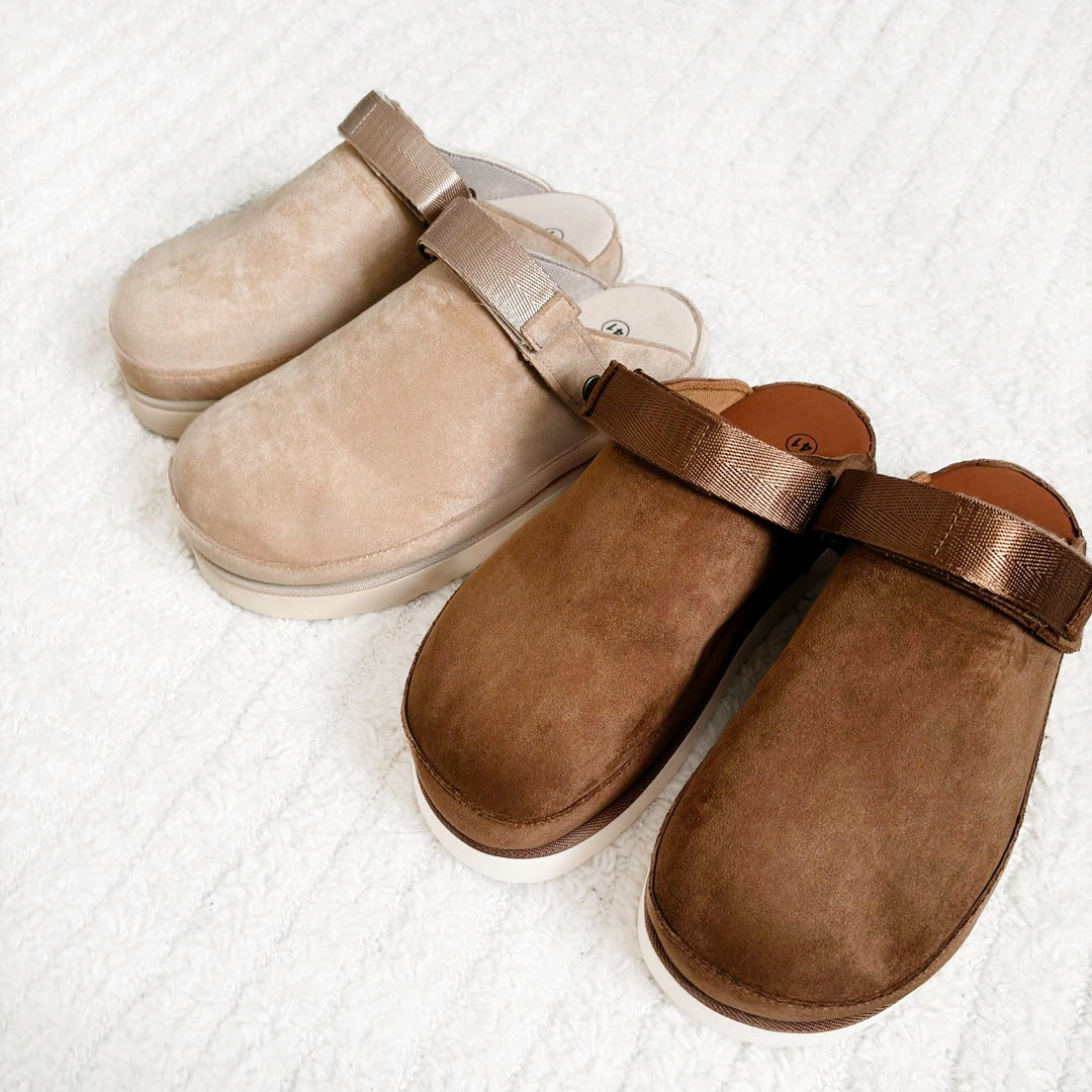 Suede platform clogs in beige and brown