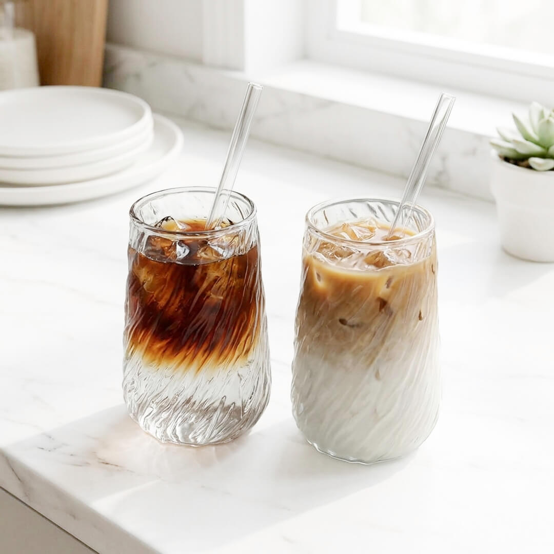 Clear swirl ripple glasses with straws for smoothies and lattes