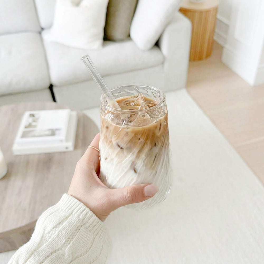Aesthetic textured glassware set with glass straws for iced drinks