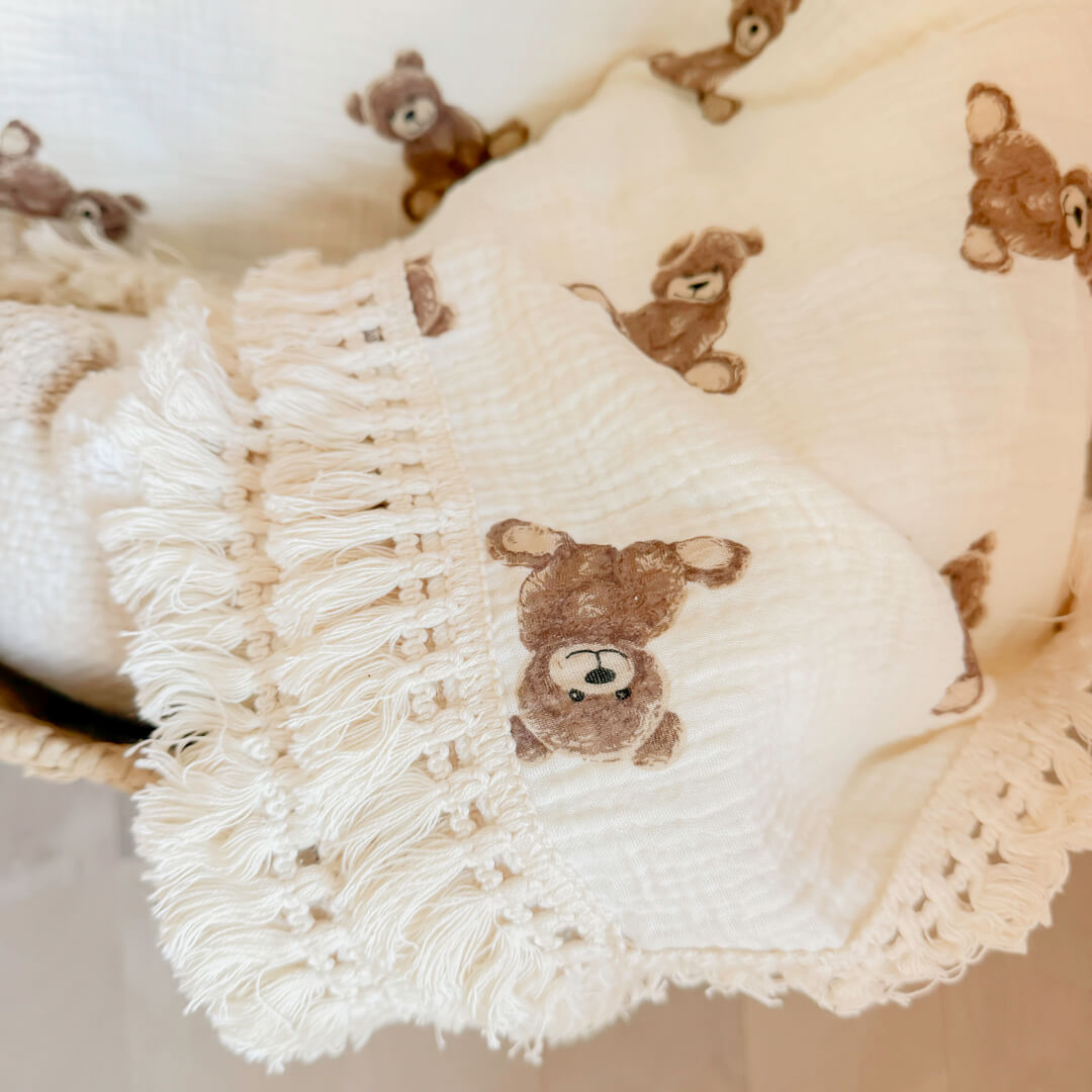 Neutral baby blanket with cute teddy bear print