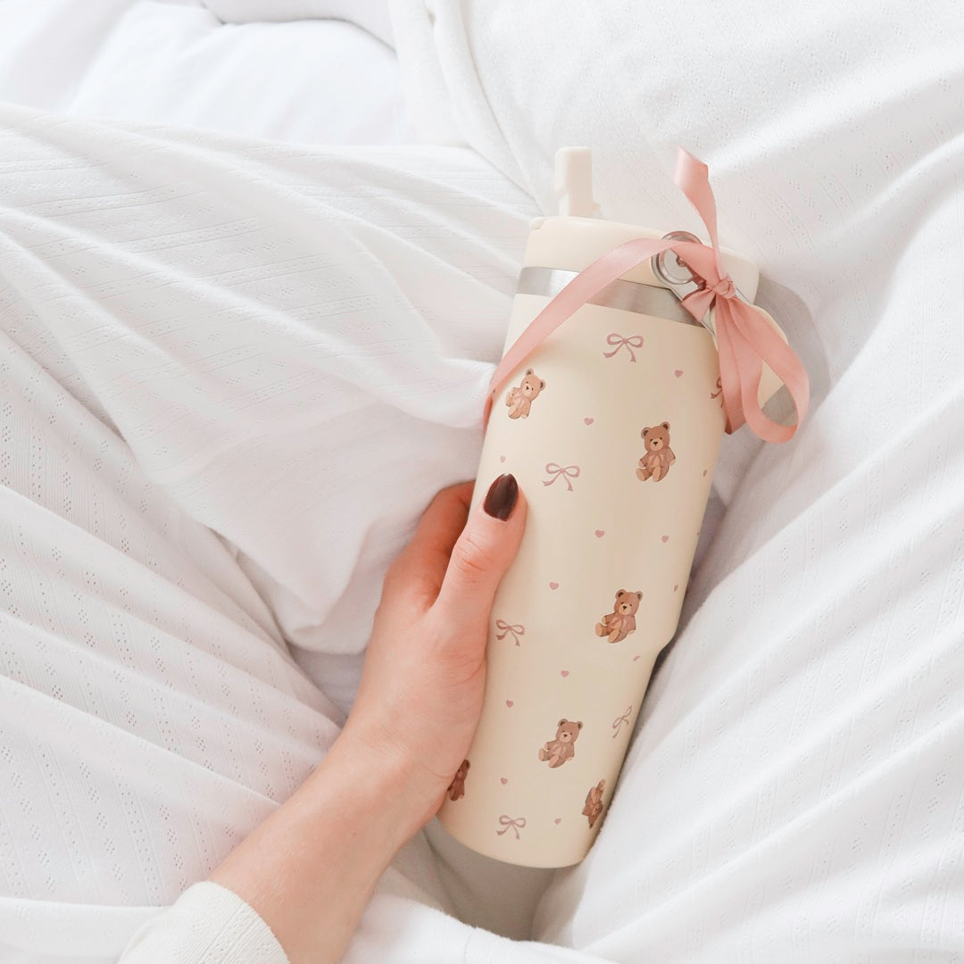 Teddy bear insulated water bottle with pink bows and ribbon detail