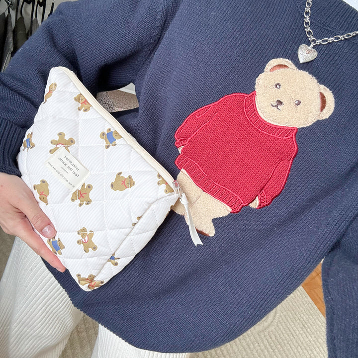 Teddy print makeup bag trio with zipper closure