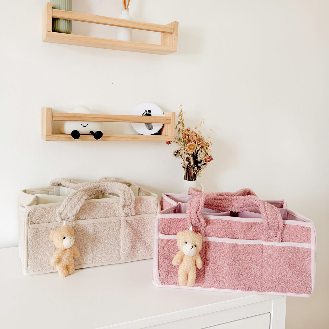 fleece baby organizer caddy with multiple compartments and handles