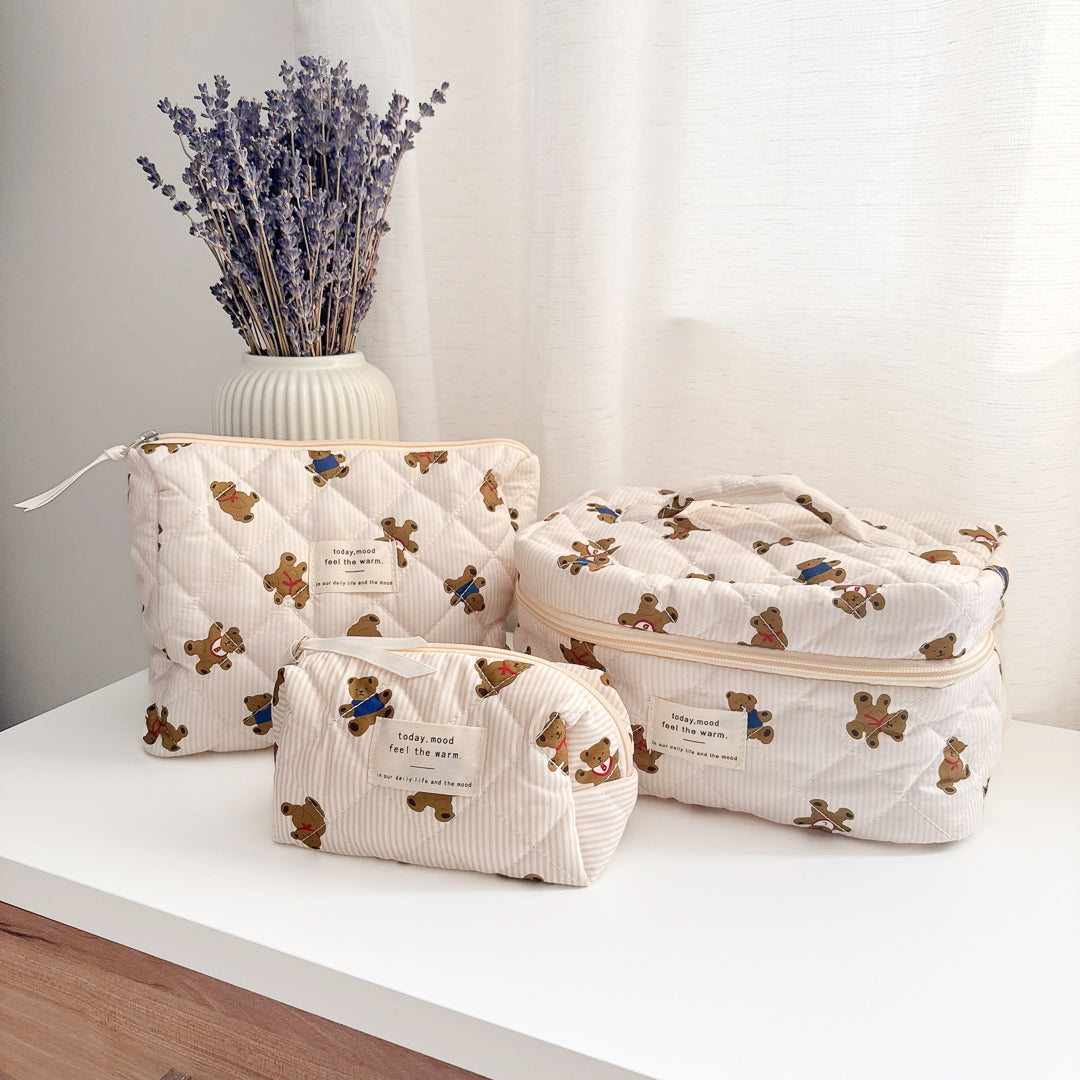 Three piece quilted teddy bear cosmetic bag set