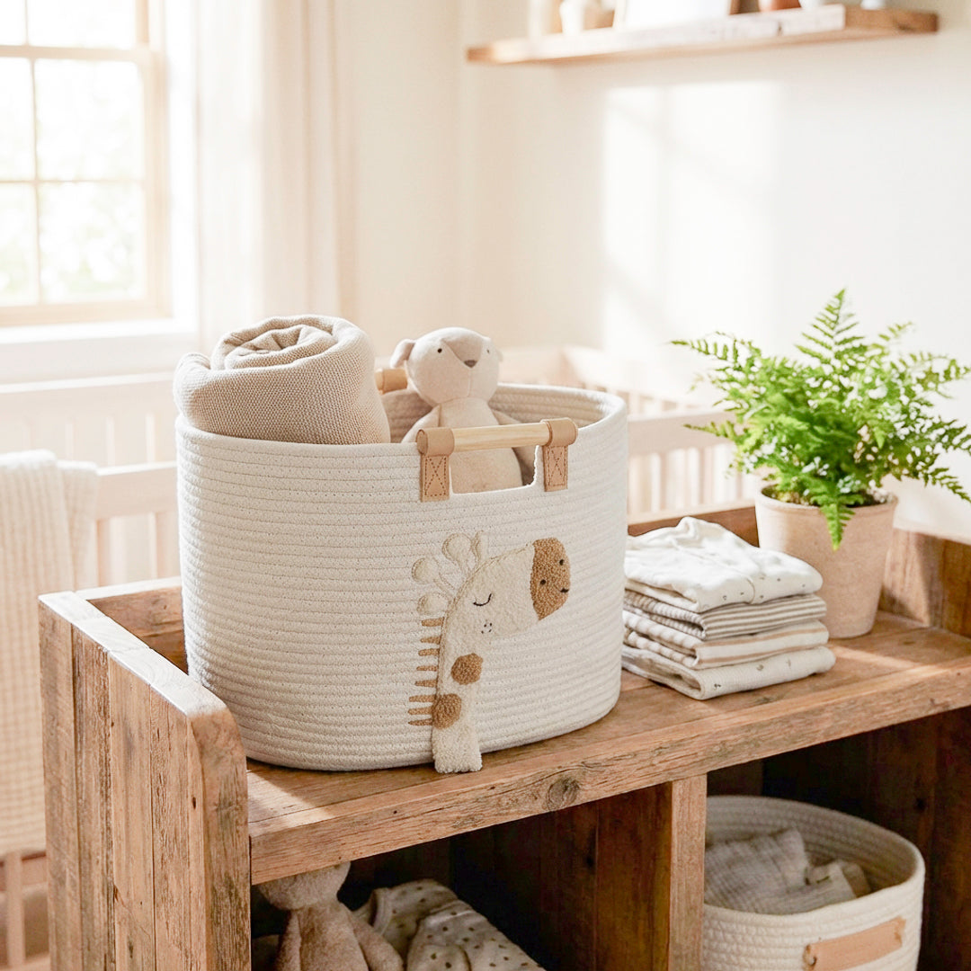 Soft fabric nursery basket with giraffe embroidery