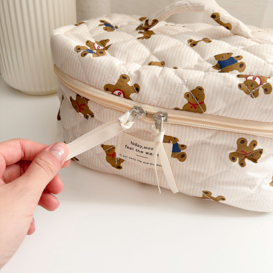 Neutral teddy cosmetic organizer with quilted fabric