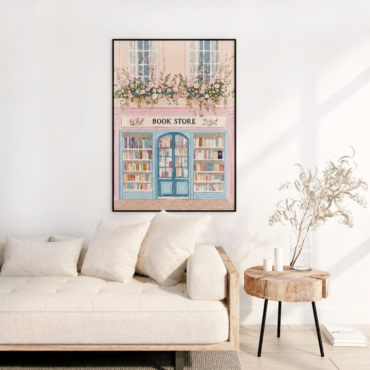 Vintage-inspired bookshop print for reading nook wall decor