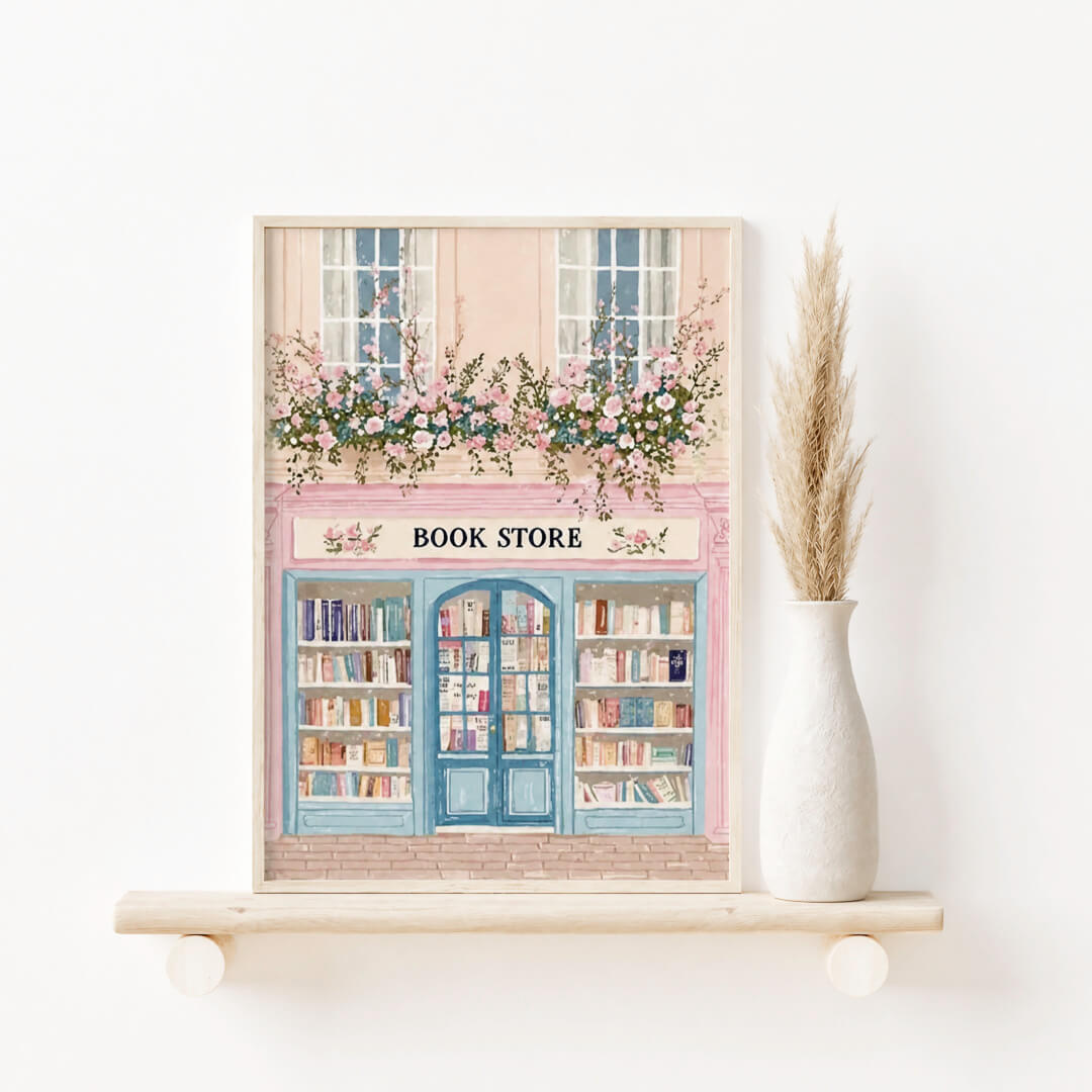 Vintage Bookstore Print Wall Art with pastel floral storefront design