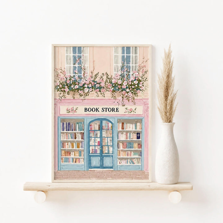 Vintage Bookstore Print Wall Art with pastel floral storefront design