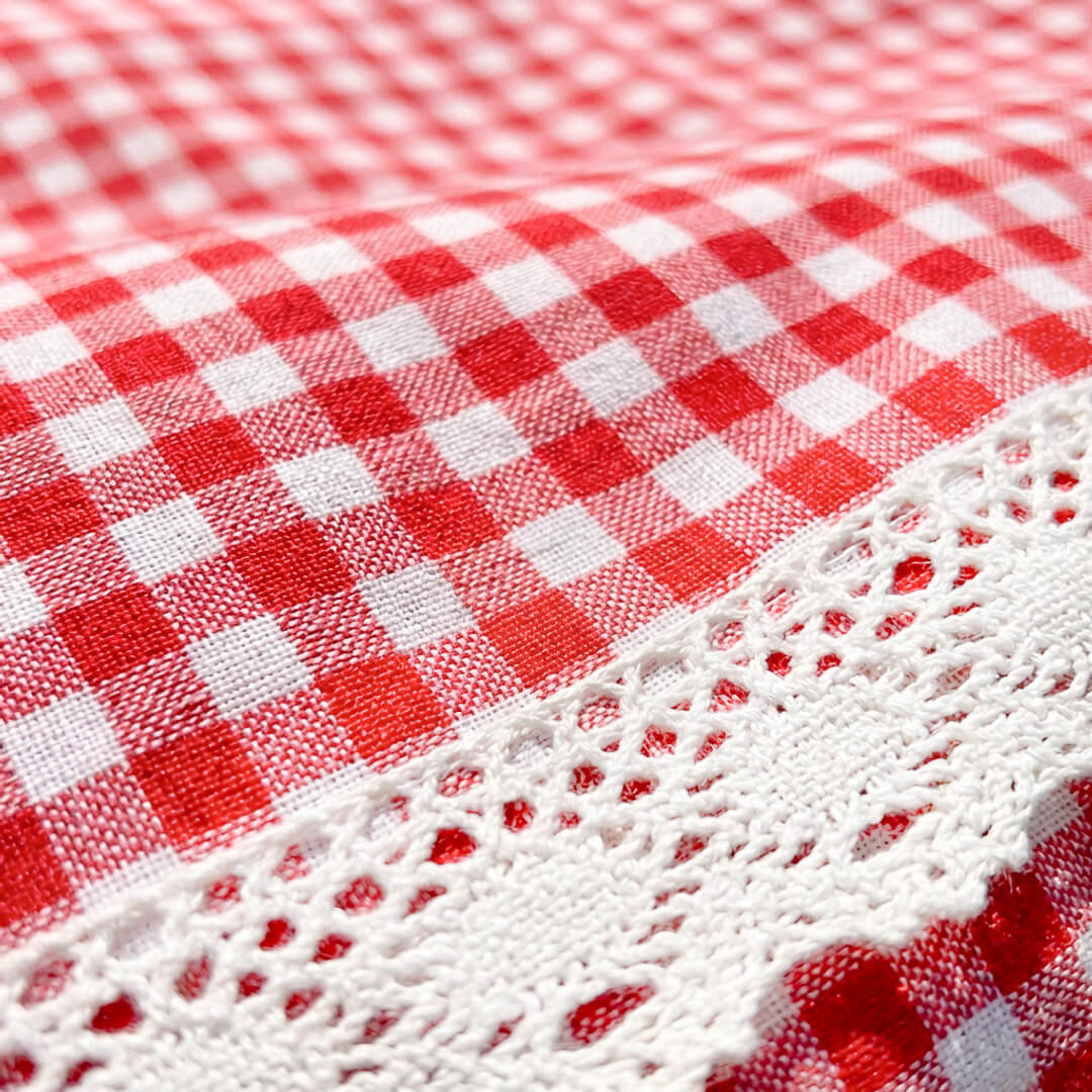 Vintage checkered picnic throw with crochet lace edges 