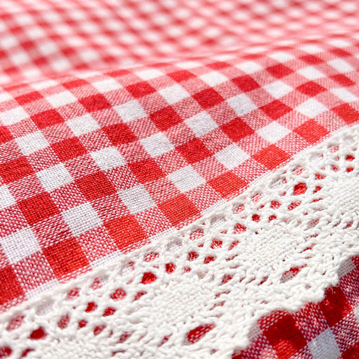 Vintage checkered picnic throw with crochet lace edges 