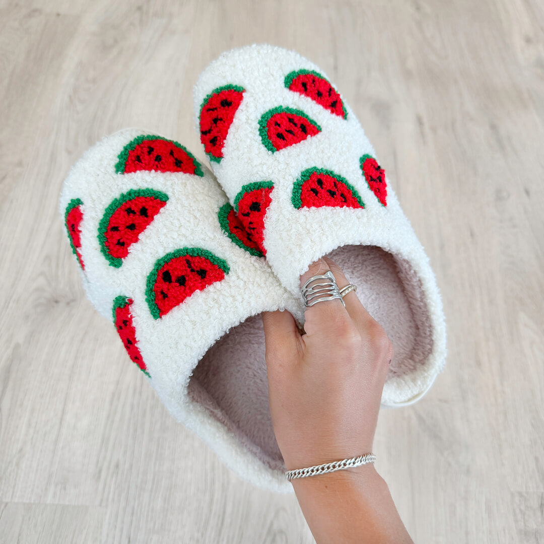 Women’s fuzzy slippers with colorful watermelon print
