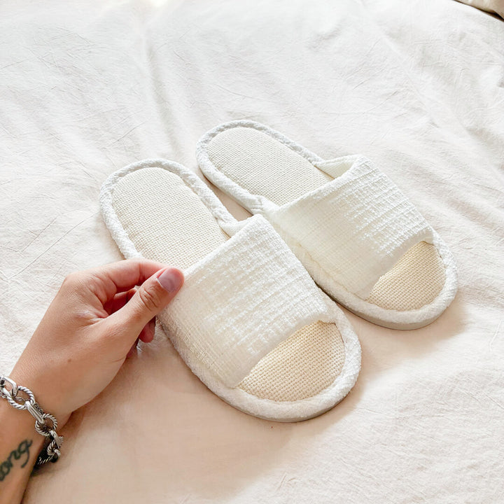 Open-toe linen slippers with cushioned indoor sole