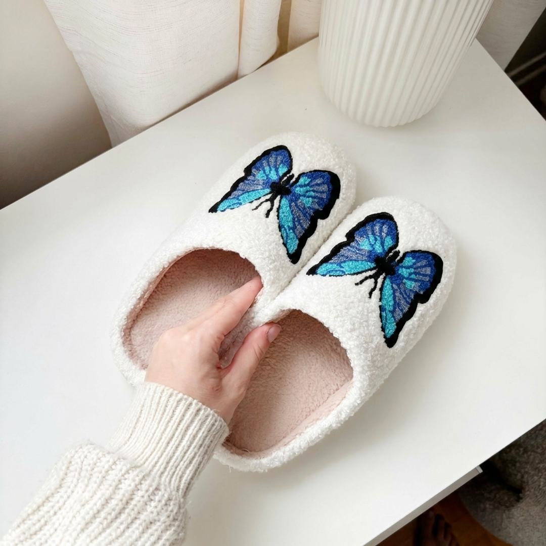 Comfortable home slippers with plush lining and butterfly design