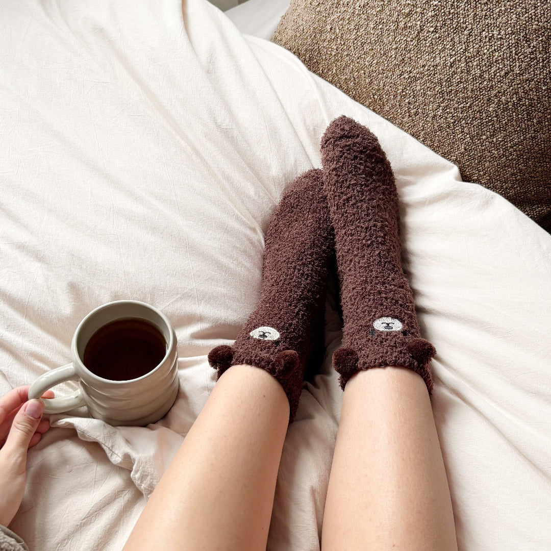 Teddy bear themed fuzzy socks set in multiple colors