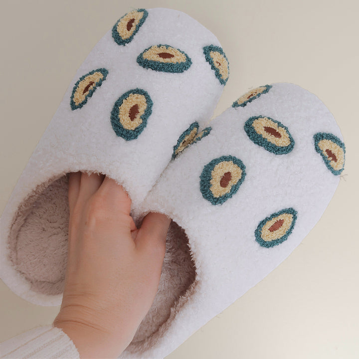 fluffy slippers with cute avocado accents