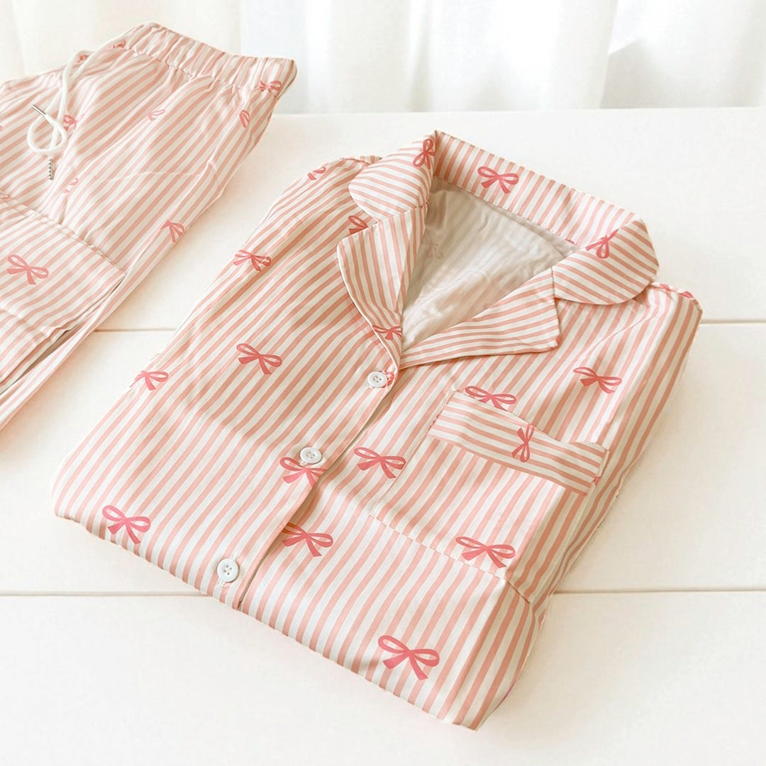 Long sleeve pajama top and pants with subtle bow details