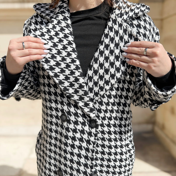 Classic black and white houndstooth long coat