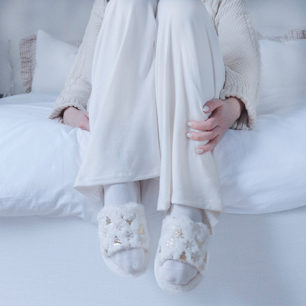 White Christmas open toe slippers with gold holiday print