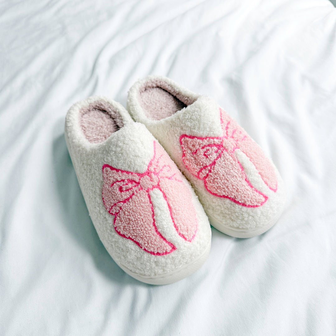 Cozy slip on house slippers with pink bow embroidery