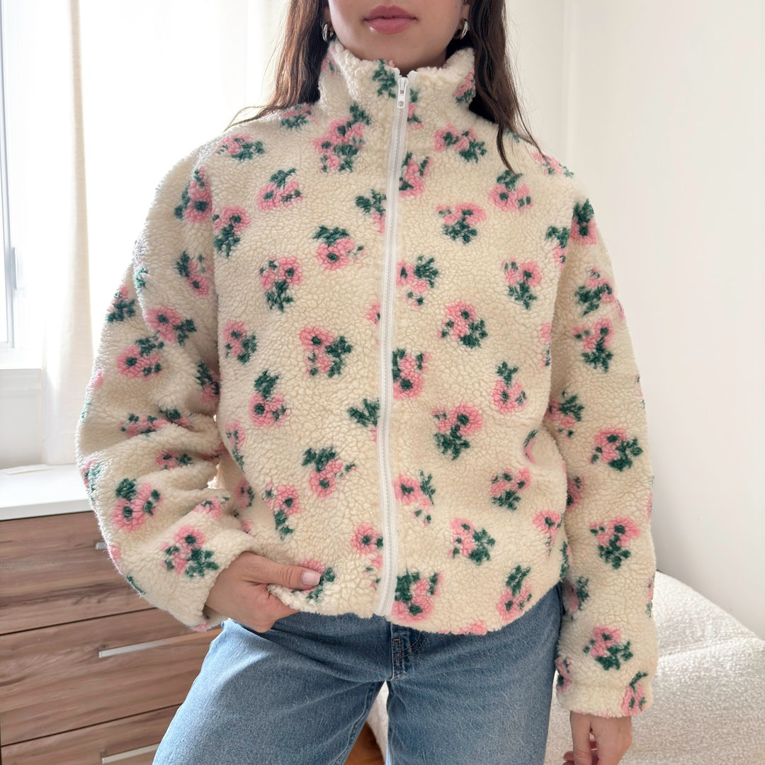 fleece jacket with pink floral pattern for women