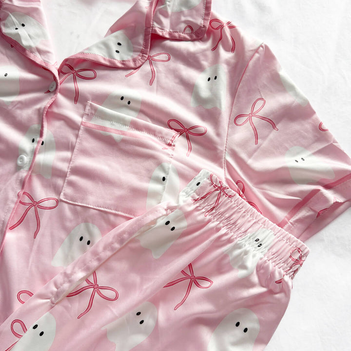 Pink Halloween pajama set with white ghost print