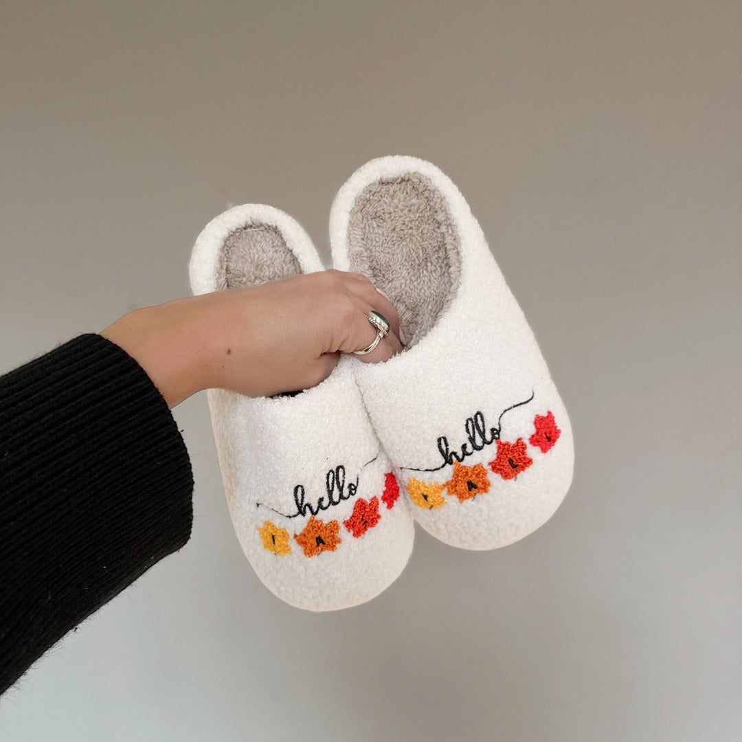 Fluffy slip-on slippers with autumn-themed embroidery