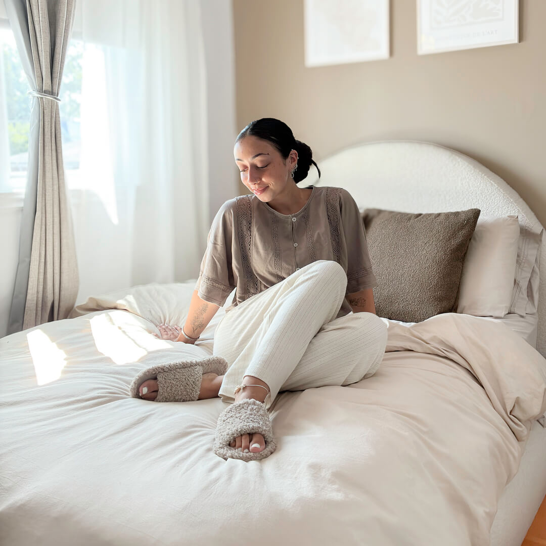 Neutral plush slippers with cushioned slip-on style