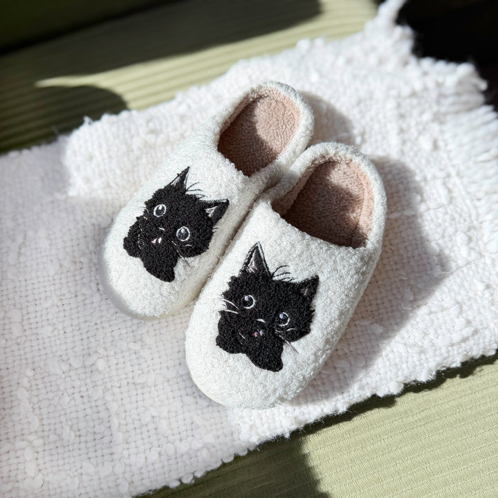 Cute cat slippers for women with embroidered black kitten