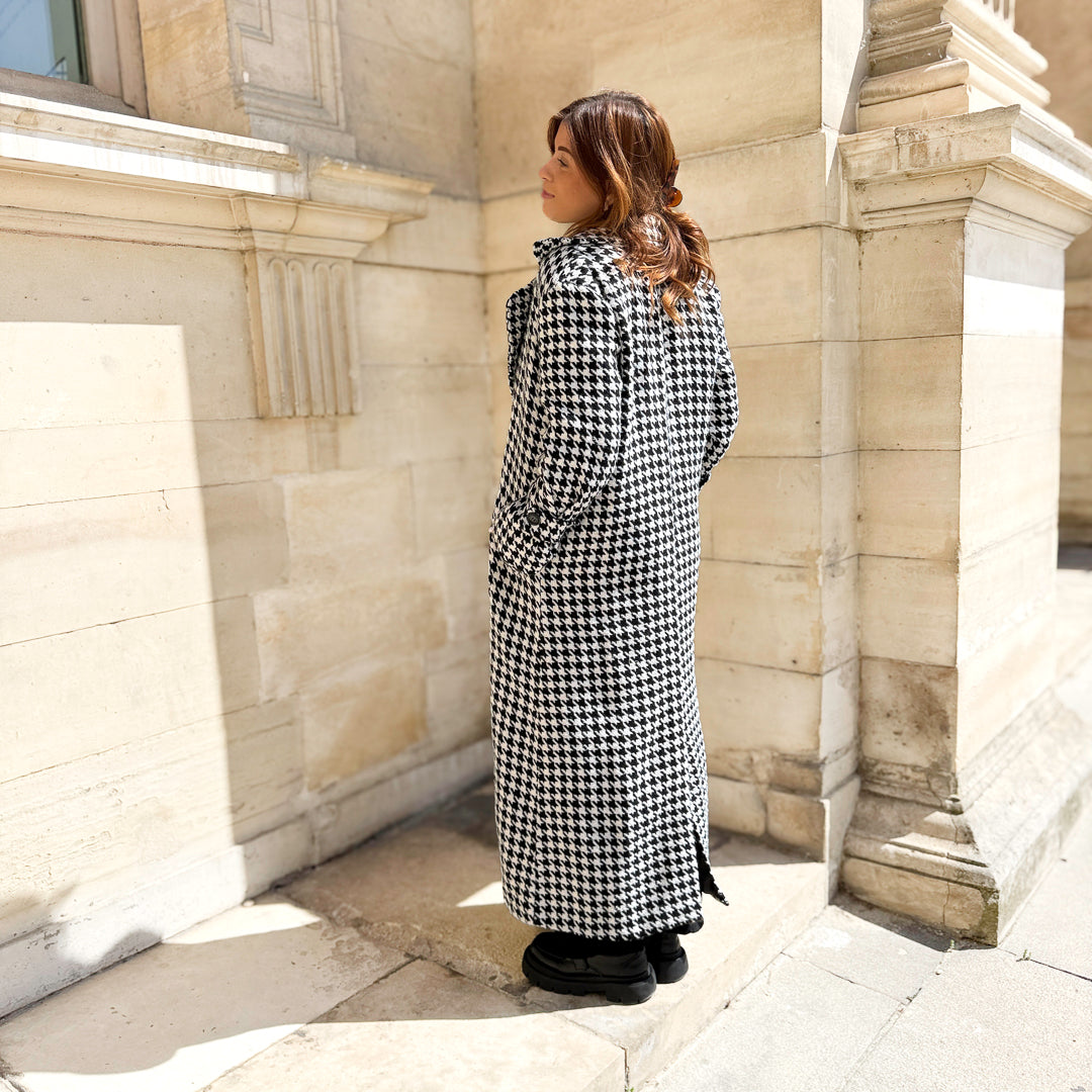 black and white houndstooth long coat for women