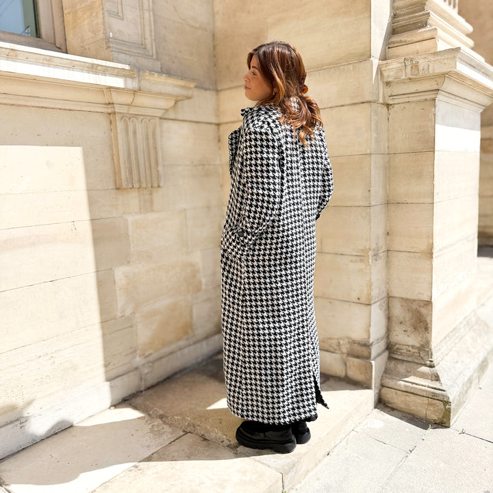 black and white houndstooth long coat for women