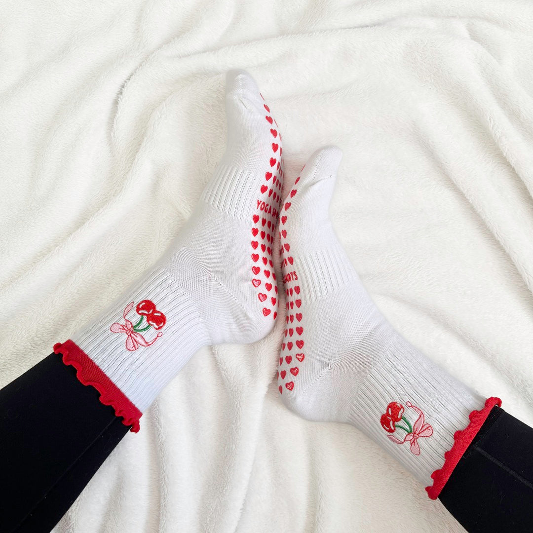 Non-slip Pilates socks with cherry embroidery