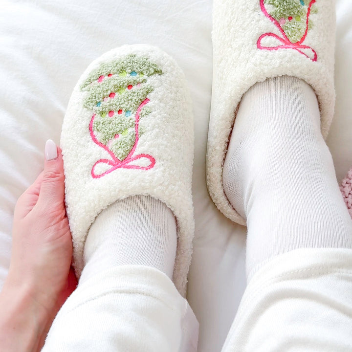 Fuzzy indoor slippers for women with festive Christmas tree pattern