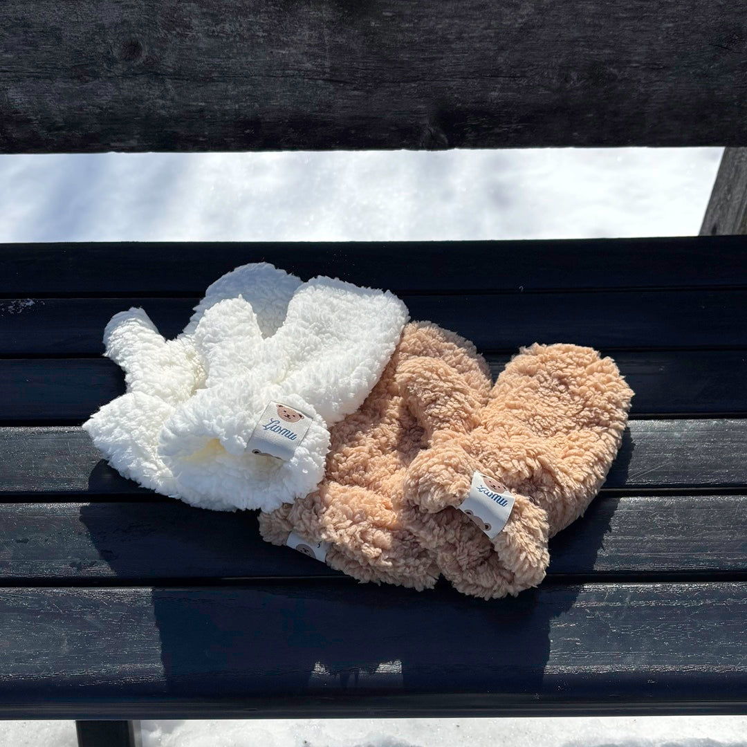Soft plush winter mittens in white and beige