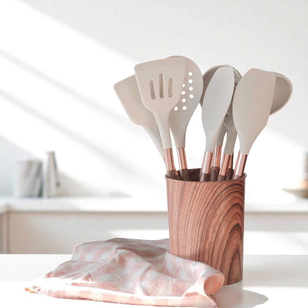 11 pcs woodgrain silicone kitchen utensil set