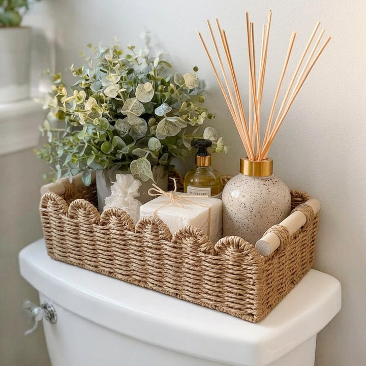 Boho-style woven shelf basket with decorative scalloped edge design
