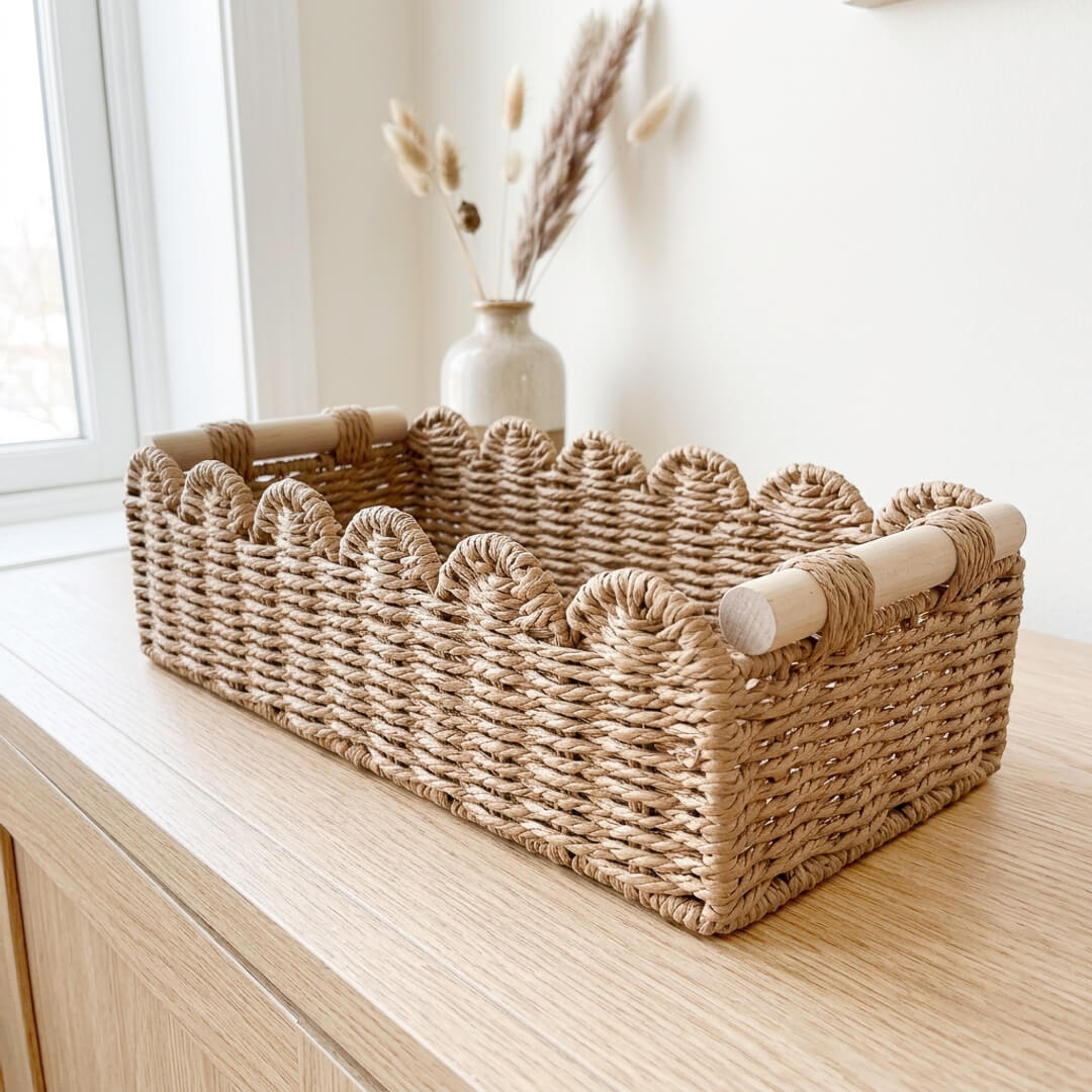  storage organizer with scalloped trim and wood handles