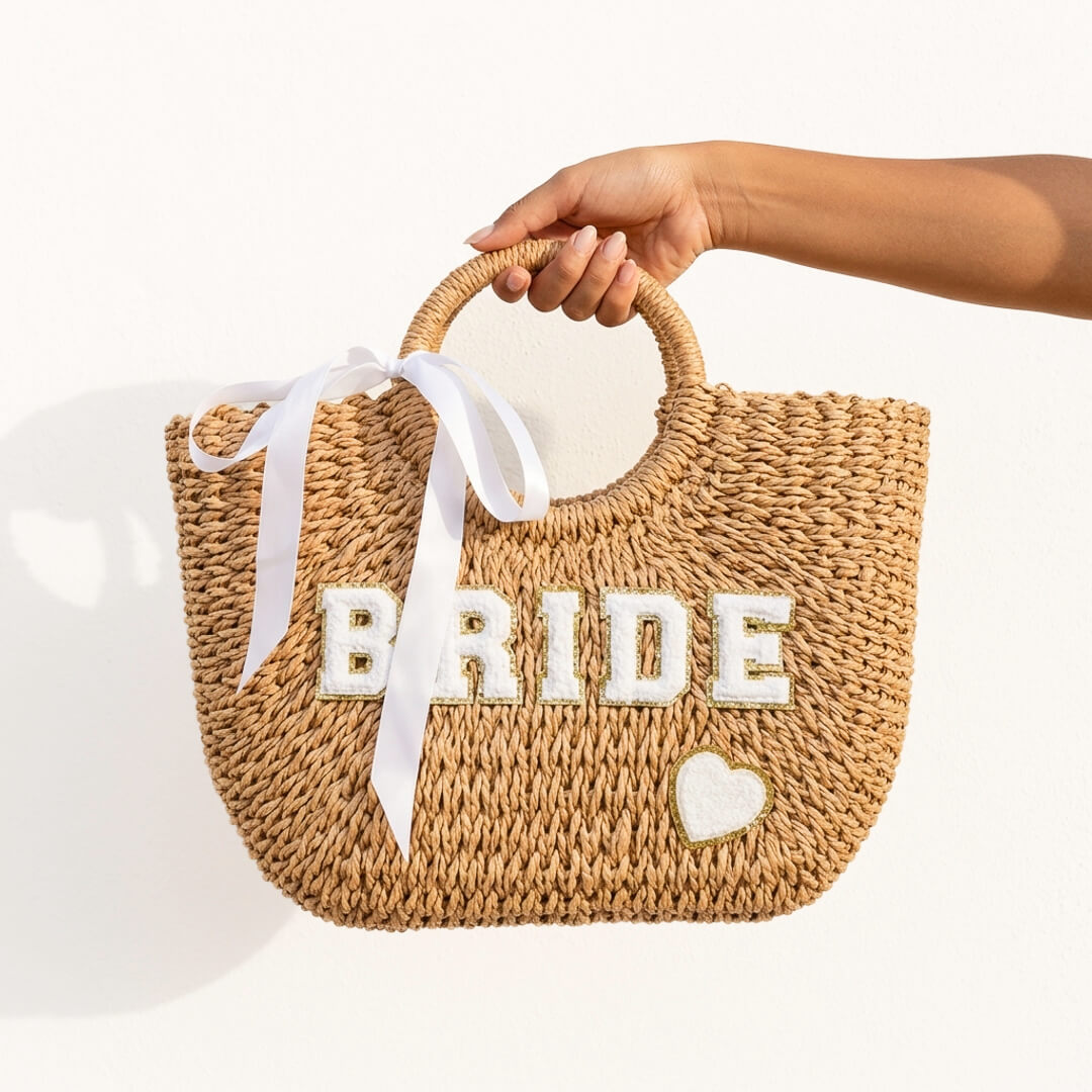 Wedding straw tote with bride lettering and heart detail