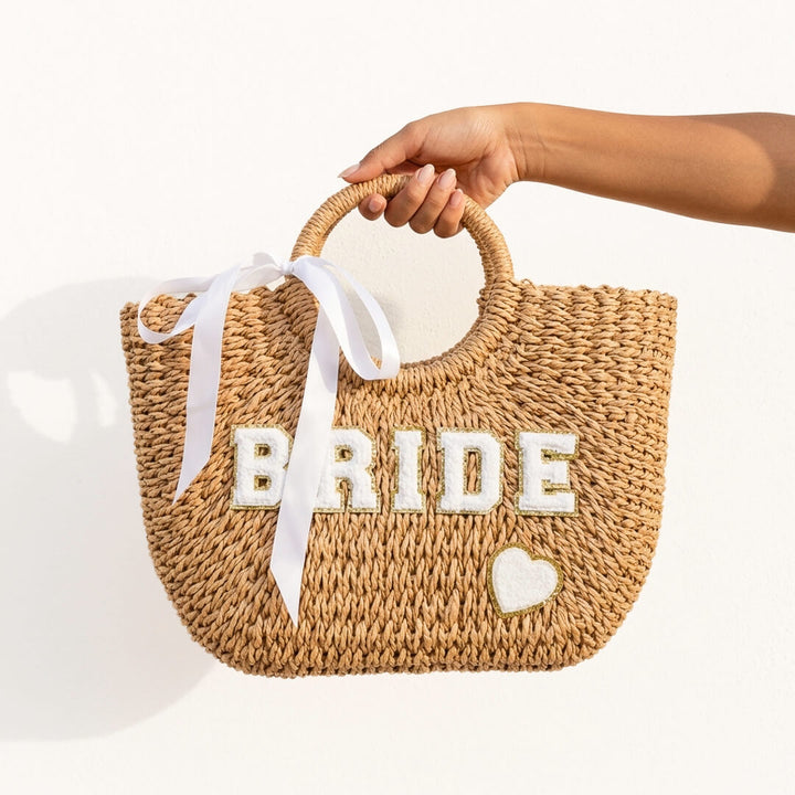 Wedding straw tote with bride lettering and heart detail