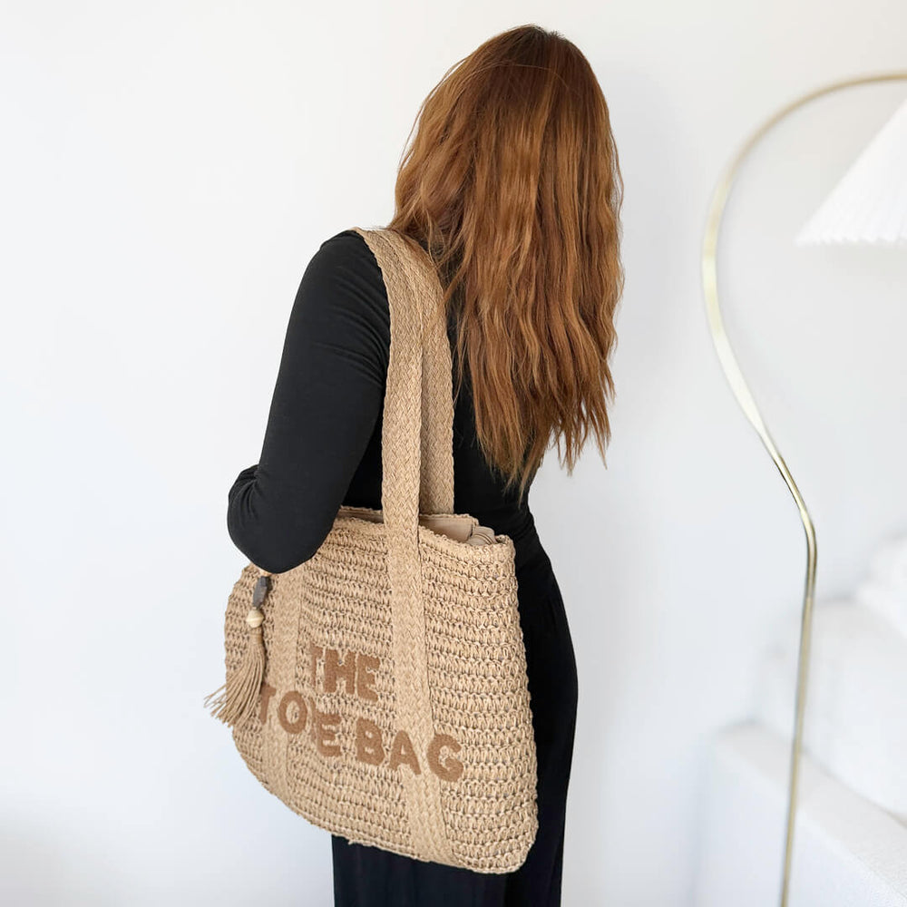 woven tote bag with beach-ready design
