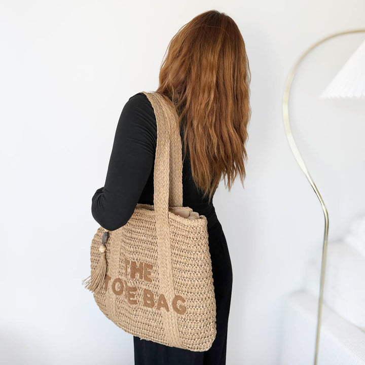woven tote bag with beach-ready design