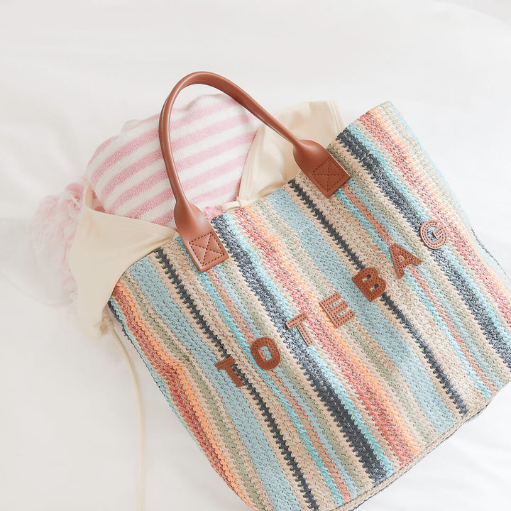 Multicolor shoulder tote bag with woven fabric design